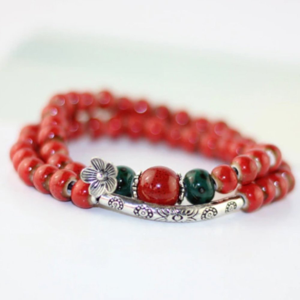Bohemian Handmade Flower Charm With Flora Ornate Silver Slider Bead Bracelet